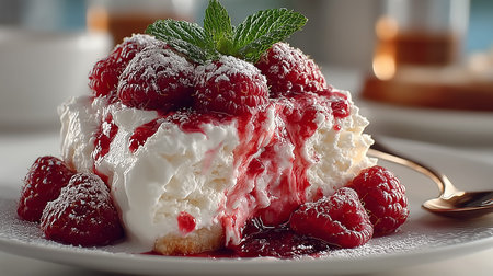 Raspberry cheesecake serving on a plate, topped with cream, fresh berries, sauce, mint and powdered...