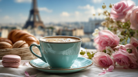 Enjoying a Parisian breakfast with coffee, pastries, and roses overlooking the cityの写真素材