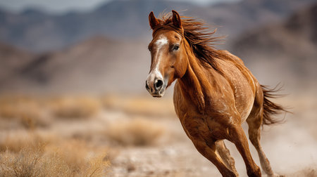 Wild horse running freely, kicking up dust in a desert environment