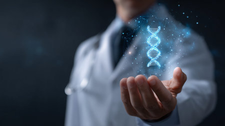 Doctor's hand presenting a digital dna helix symbol, showing genetic research and biotechnologyの写真素材