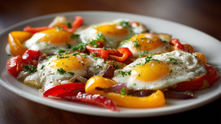 Fried eggs served with colorful bell peppers, onions, and fresh parsley for a healthy breakfastの写真素材