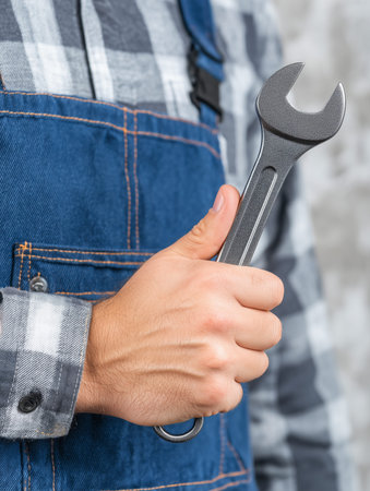 Worker holding a wrench, symbolizing repairs, maintenance, and manual laborの写真素材
