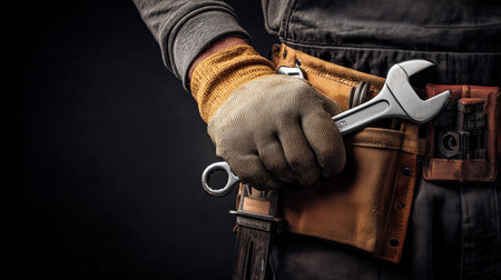 Worker hand wearing glove and holding wrench with tool belt at waistの写真素材