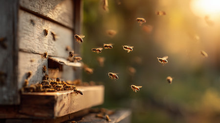Honeybees are flying around a wooden beehive entrance during sunset