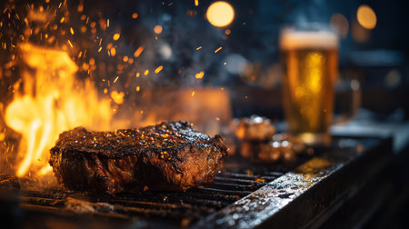 Steak cooking on a fiery barbecue grill, sparks flying, with a blurry beer mug in background