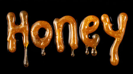Honey word dripping with golden liquid forming typography on a black background
