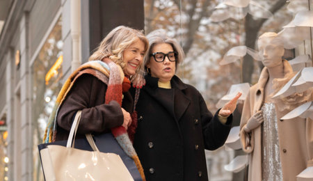 Two friends discussing clothing in a store window display on an autumn day