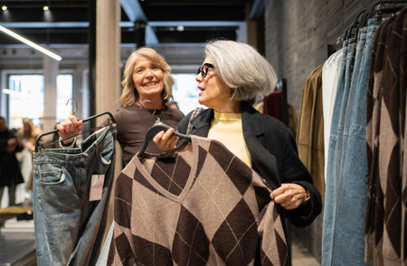 Two mature women shopping for clothes in a boutique, discussing fashion and choicesの写真素材