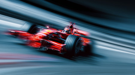 Red formula race car blurring with speed on a motorsport racing track