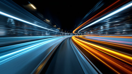 Vibrant light trails from traffic creating motion blur on a dark city highway