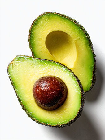 Avocado halves displaying green flesh and a brown pit on a white background