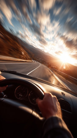 Person driving fast on a winding mountain road during a vibrant sunset creating speed blur