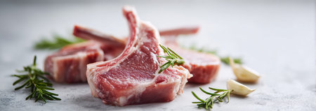 Fresh lamb loin chops preparing for cooking with fragrant herbs and garlic