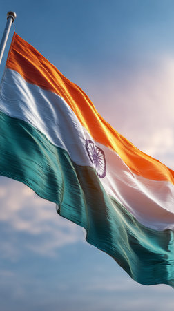 India flag with ashoka chakra fluttering, symbolizing patriotism and national prideの写真素材