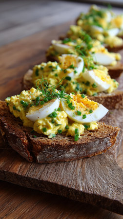 Egg salad toast on sourdough bread with chives, microgreens, and sliced eggs