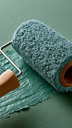 Paint roller applying a smooth layer of green paint, renovating an interior wall surface
