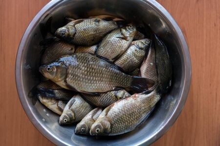 Fresh washed brilliant small lake fish roach lies in a metal plate on a wooden table.の写真素材