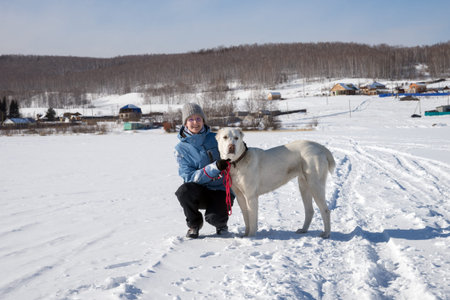 A young girl is sitting next to a big white shepherd dog on a snow-white frozen lake against the...