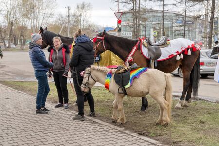 Young people stand with horses and ponies, which they look after, in the park during the celebration of Victory Day WWII. Krasnoyarsk. Russia.のeditorial素材