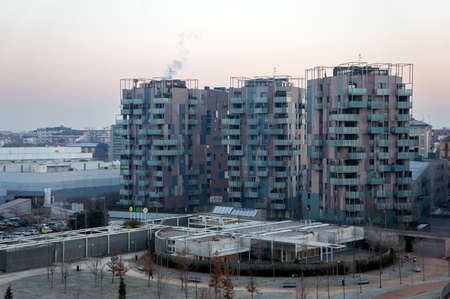 View of the new district of Nuovo Portello with commercial housing built as part of the industrial zone renovation project in the northwest of Milan, Italy  on a winter cloudy morning.のeditorial素材