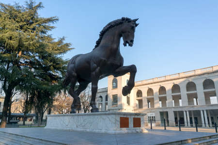 Sculpture of a horse by Leonardo Da Vinci at the old hippodrome in the San Siro region, in Milan, Italy.のeditorial素材