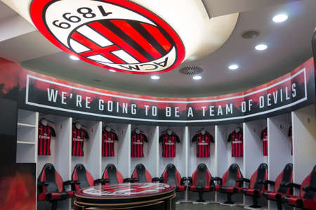 Locker room for soccer players at the Giuseppe Meazza or San Siro stadium, built in 1925. Milan. Italyのeditorial素材