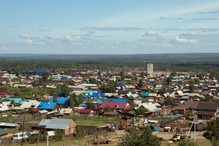 Aerial view of the village Taezhny in the deep taiga in summer. Krasnoyarsk region. Russia.のeditorial素材