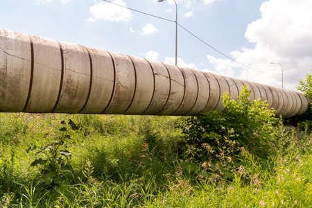 The ground pipeline of the city heating main of the main heating network on a reinforced concrete support among the grass on a sunny summer day.の写真素材