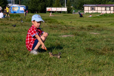 Krasnoyarsk, Krasnoyarsk Region, RF - July 24, 2021: A boy in a cap holds out a carrot to a gopher in a meadow with people resting among the green grass in summer.のeditorial素材