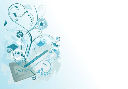 Blue background with abstract flowers and pen tablet.のイラスト素材