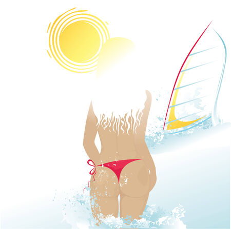 Summer beach background with girl and windsurf.のイラスト素材
