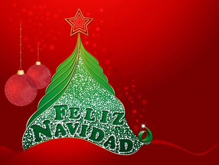 Red christmas card with tree and with Merry Christmas in Spanish- Feliz Navidad のイラスト素材