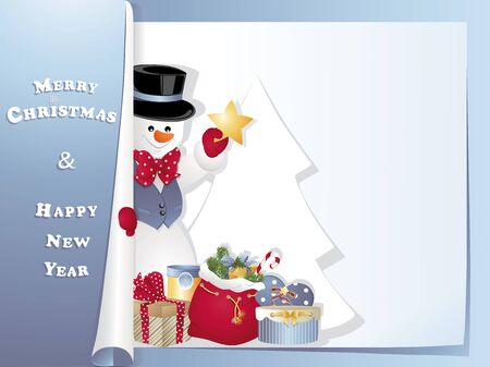 Happy Snowman with star and tree. Merry Christmas and Happy New Year.のイラスト素材