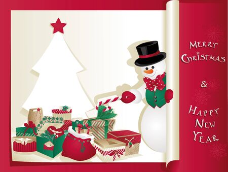 Funny Snowman stealing a gift. Christmas tree, Merry Christmas and Happy New Year.のイラスト素材