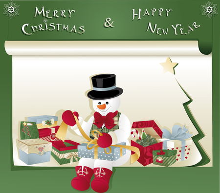 Happy Snowman opening a gift. Merry Christmas and Happy New Year.のイラスト素材