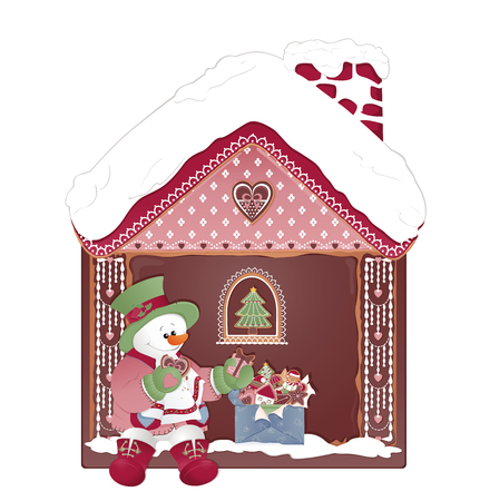 Christmas Gingerbread House and Box with ginger cookies. Snowman eating cookies.のイラスト素材