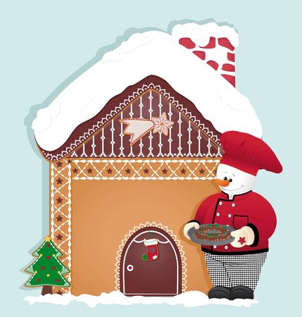 Snowman Christmas cake cooking. Ginger House.のイラスト素材