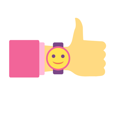 Time to have fun. Thumb Up. Hand with clock. Flat vector icon.のイラスト素材