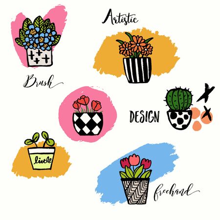 A set of hand drawn plant pots, Brush Ink Illustration, Collection of Flowers and Plants in Black and Bright Color, Cute Pattern Potsのイラスト素材
