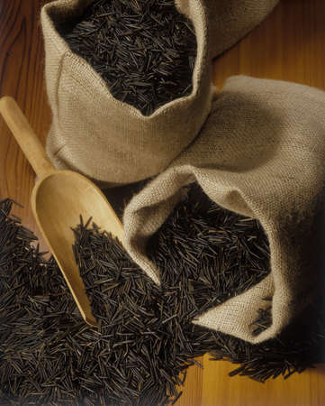 Native, aboriginal, harvested Canadian raw wild rice in burlap bags with a wooden scoopの写真素材