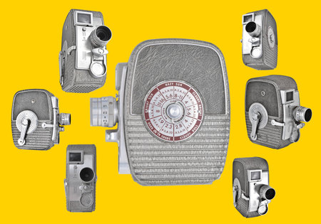8mm Cameras in different angles in a bright retro layot