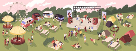 People at open-air music festival with rock band on stage, tents and food trucks. Crowd at summer concert in nature for adults and children. Flat vector illustration of outdoor live performanceのイラスト素材