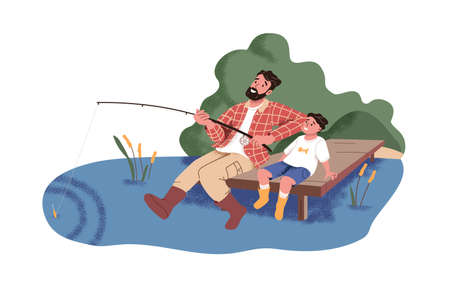 Father and son fishing together in nature. Happy dad and child resting by water. Bonding outdoor activity of parent and kid. Flat vector illustration of pa and boy isolated on white background.のイラスト素材