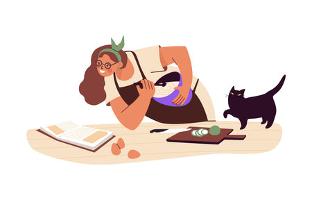Young happy woman cook at home kitchen. Person in apron preparing homemade food and looking at recipe in culinary book. Cooking hobby. Flat vector illustration isolated on white background.のイラスト素材