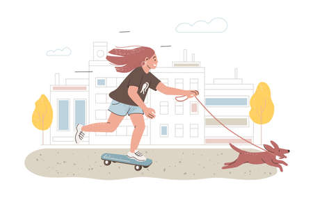 Happy teenager riding skateboard. Teen skateboarder with cute dog on summer holidays. Active person on skate board on city street. Colored flat vector illustration isolated on white background.のイラスト素材