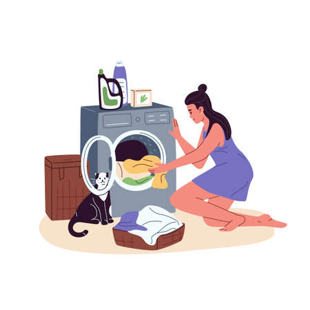 Woman loading dirty clothes from laundry basket into washer drum. Housewife putting garments into washing machine. Domestic routine and housework. Flat vector illustration isolated on white backgroundのイラスト素材