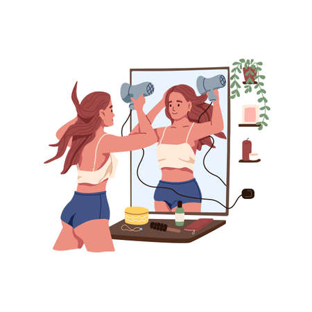 Young woman styling her hair with blowing hairdryer after shower. Daily beauty routine in front of mirror at home. Female making hairstyle. Flat vector illustration isolated on white backgroundのイラスト素材