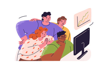 People watching for graph with growing positive trend. Team looking at growth chart of stock market. Concept of business success and development. Flat vector illustration isolated on white background.のイラスト素材