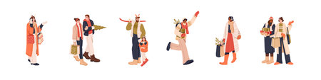 Set of merry people preparing for Christmas, carrying shopping bags, gift boxes and fir. Men and women walk with purchases for winter holidays. Flat vector illustrations isolated on white backgroundのイラスト素材