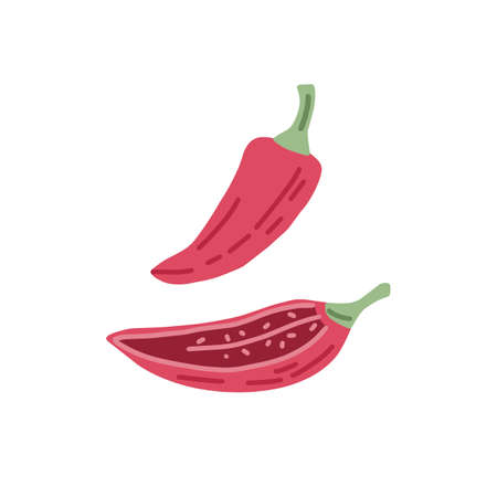 Spicy chili pepper composition. Mexican red hot chilli, whole vegetable and its cut half. Cayenne veggie. Natural seasoning and spice. Flat vector illustration isolated on white backgroundのイラスト素材